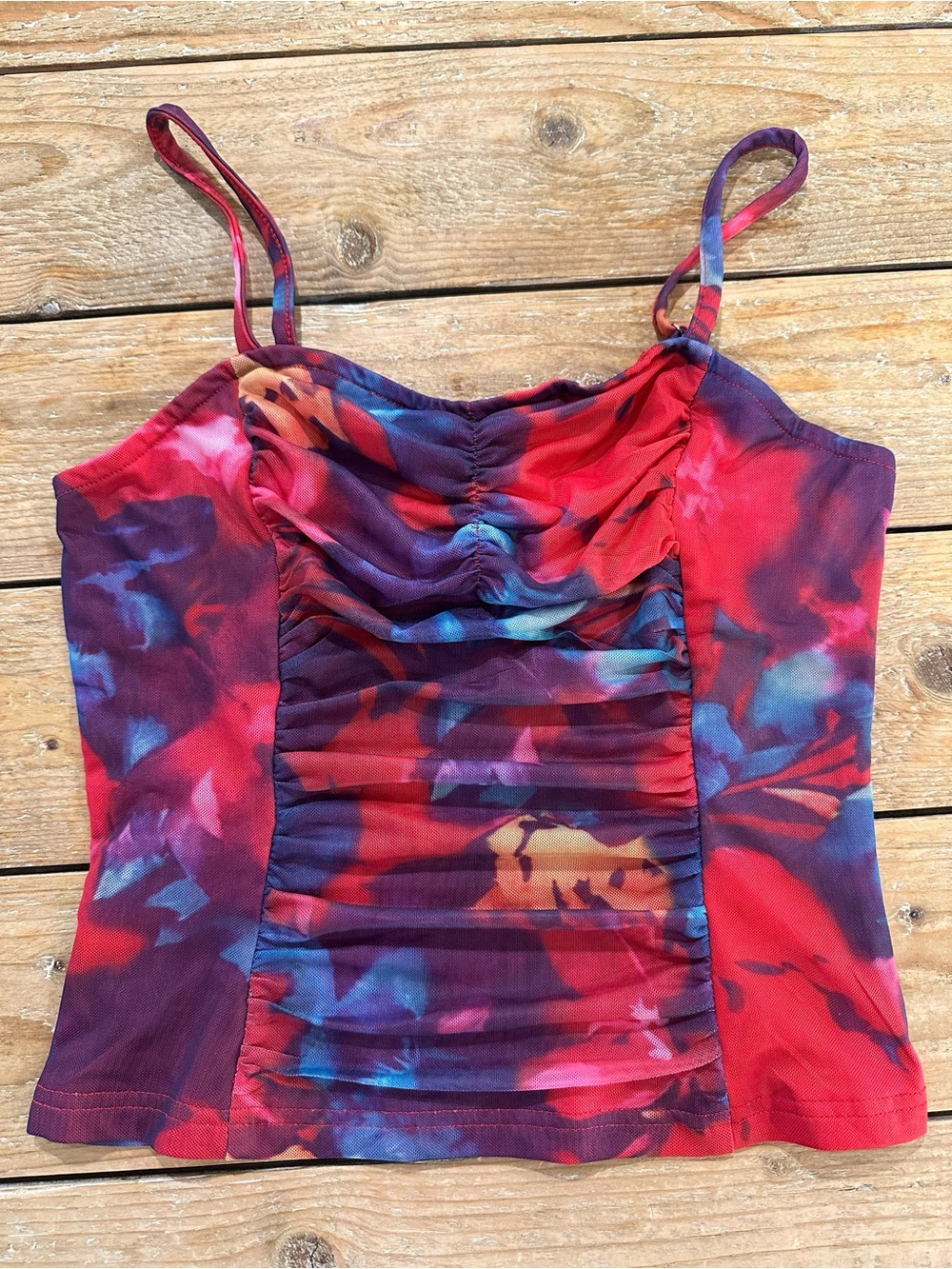 Pretty Garden Floral Spaghetti Strap Ruched Mesh Tank Top. Size Small Womens NWT
